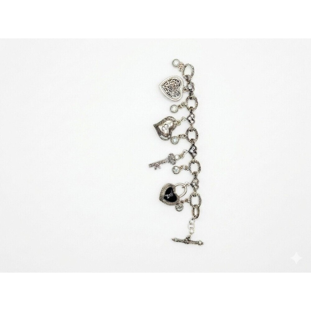 Vintage Silver Tone Rhinestone Charm Bracelet - Hearts, Keys, & Padlock Charms,